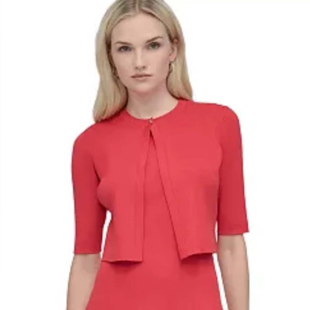 DKNY Cardigan Dress Red M Mixed Media Jewel-Neck 2 Piece Holiday NWT $169